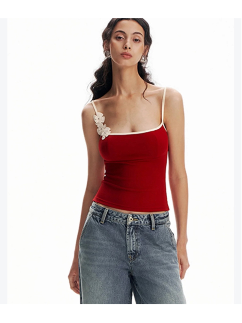 COMMENSE Red Babydoll Camisole Floral Detail Size XS Contrast Trim Coquette Y2K